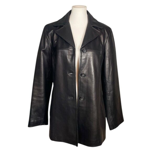 Vintage Genuine Leather Oversized Blazer Jacket, Women's. Black soft 3-Button